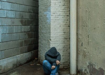 Autorretrato de un hombre agachado en un espacio de baldosas