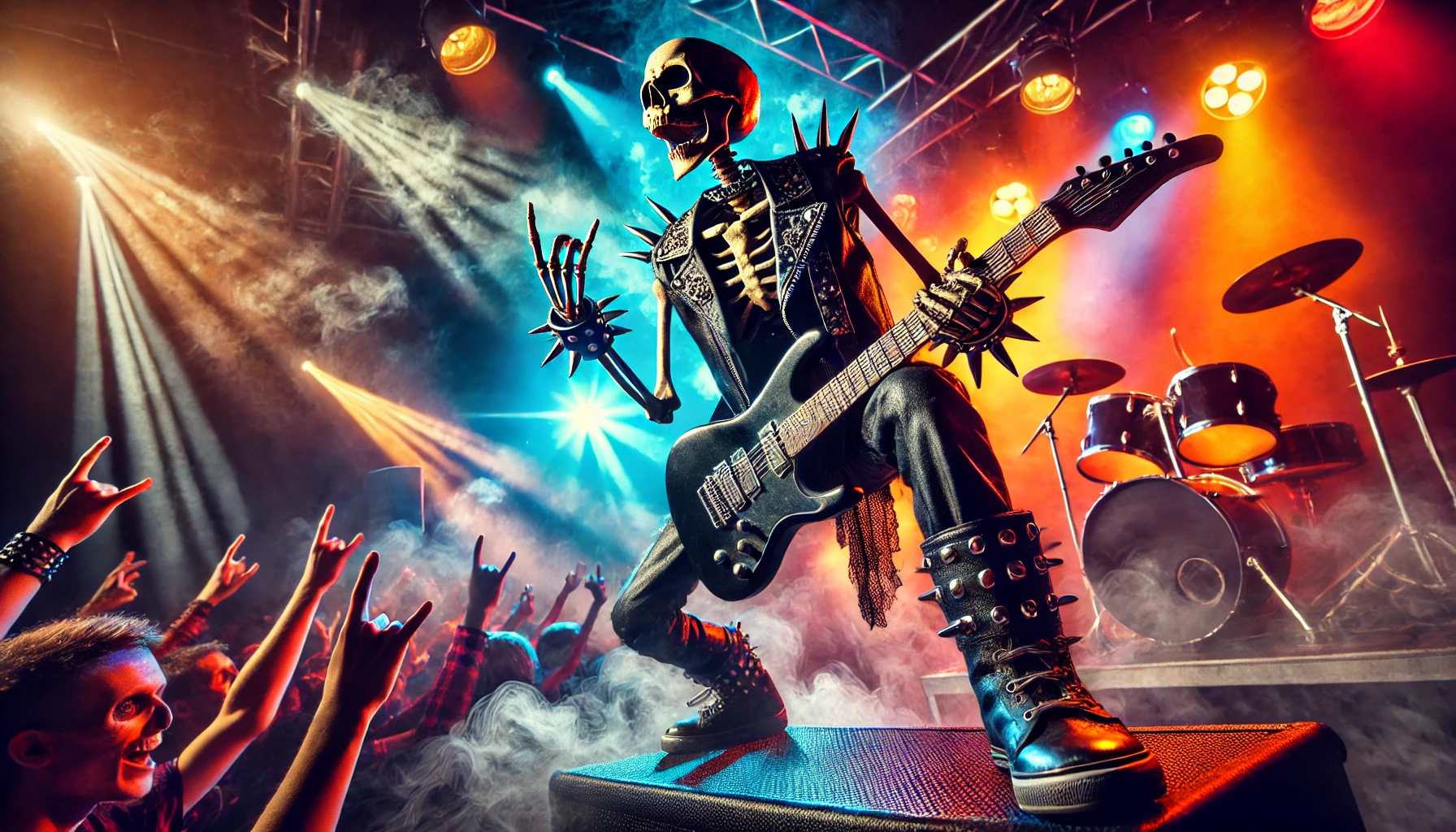 Imagen generada con IA de un esqueleto tocando la guitarra en un escenario