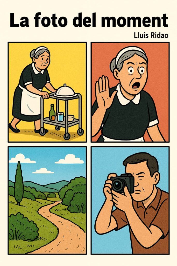 Ilustración tipo cómic titulada La foto del moment con varias viñetas