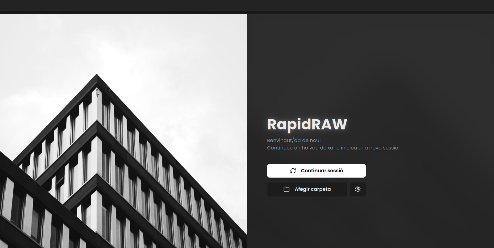 RapidRAW, alternativa a Lightroom gratis: pantalla de inicio en Linux