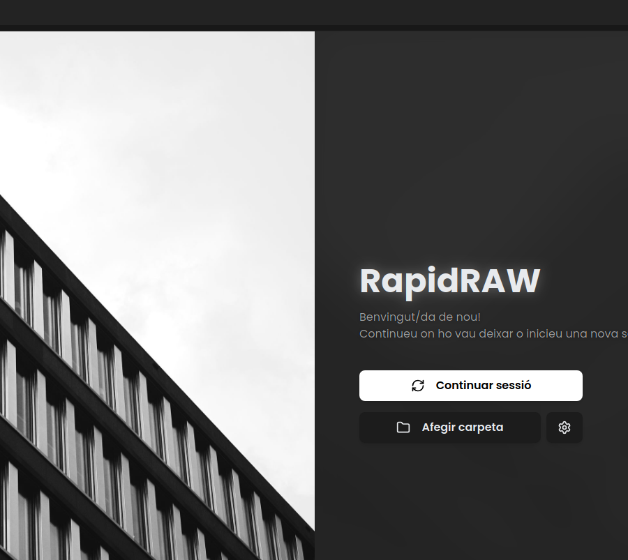 RapidRAW, alternativa a Lightroom gratis: pantalla de inicio en Linux