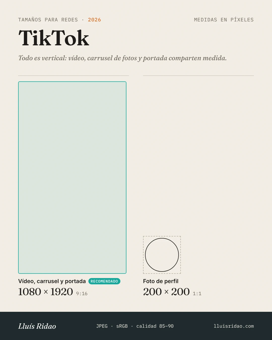 Medidas de imágenes para TikTok en 2026: vídeo, carrusel y portada 1080×1920 (9:16), perfil 200×200